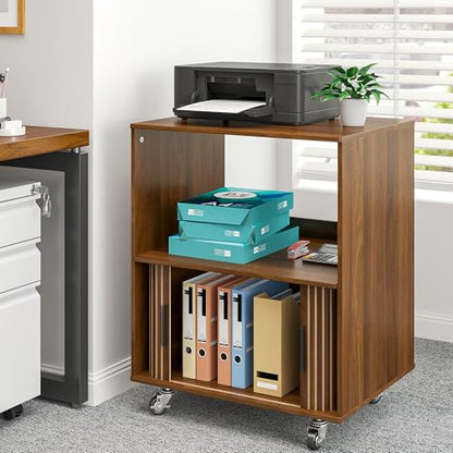 3-Tier Printer Stand, Fluted Rolling Printer Table with Storage, Walnut