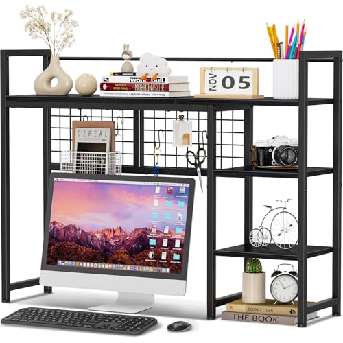Snughome Desk Shelf, 38.6" Desktop Organizer Shelf, Desk Hutch for Computer Monitor, 4 Tier Desk Display Rack with Pegboard Hooks Set, Wood Desktop Bookshelf for Home Office Dorm, Black - color: Black, size: 38.6"