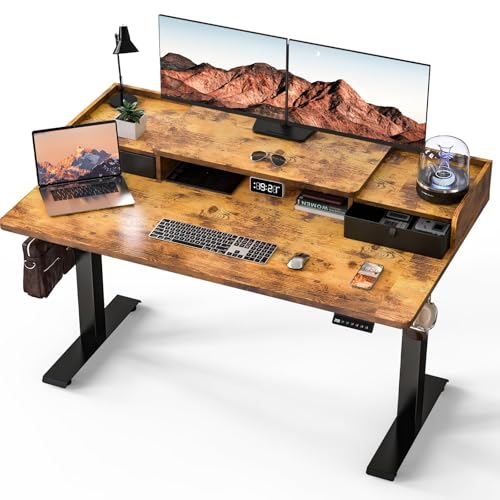 Kingant Standing Desk with Dual Drawers,Electric Height Adjustable 55"x 30" | Built-in USB A&C Charging ports Large Workstation, Heavy-Duty Sit Stand Up Desk For Home Office Daily Work,Rustic Brown - color: Rustic Brown, size: 55" x 30"