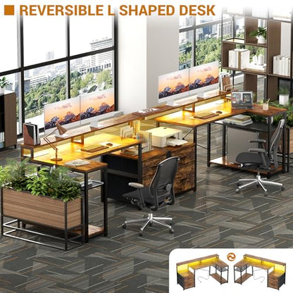 Aheaplus L Shaped Desk with File Drawer, Reversible L Shaped Gaming Desk - color: Rustic Brown1