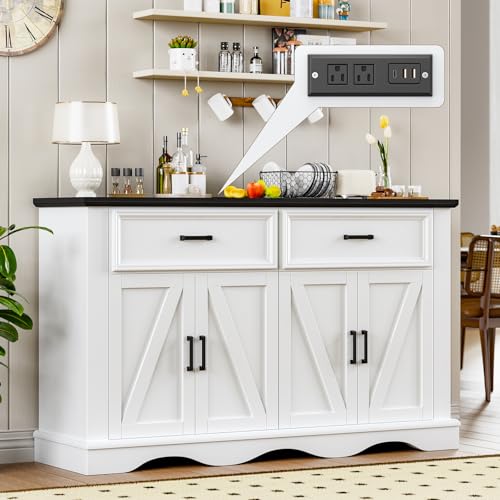 56" Modern Farmhouse Sideboard Buffet Cabinet with 4 Doors and 2 Drawers, Kitchen Storage Cabinet with Adjustable Shelves, Coffee Bar with Charging Station for Living Room, White - color: White, size: 2 drawers and 4 doors