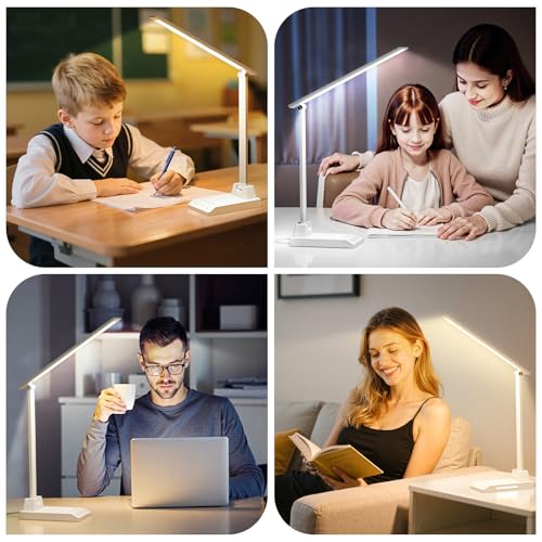 ShineTech LED Desk Lamp for Home Office,Foldable Reading Lamp with Adapter | 25 Lighting Modes and Dimmable, Touch Control, Eye-Caring LED Light for Bedroom Nighstand with Small Night Light, White - color: White