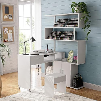 Kikihouse Manicure Table Nail Desk with Dust Collector, L-Shaped Nail Tech Desk with Stool, Two-Way Drawer, Cabinet & Storage Shelves, Rotating Reversible Manicure Workstation on Wheels (White) - color: White