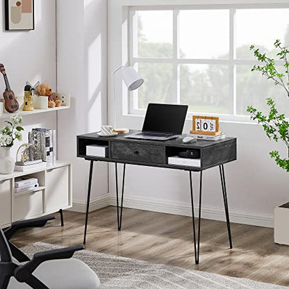 VECELO 39.3" Home Office Work Table with Drawers,Computer Desk with Hairpin Leg for Writing/Study,Charcoal Grey - color: Charcoal Grey