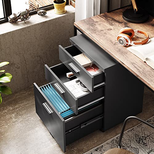 DEVAISE 3 Drawer File Cabinet for Home Office, Wood Under Desk Filing Cabinet, Rolling Printer Stand with Wheels, Black - color: Black, size: 15.7"D x 18.1"W x 25.6"H