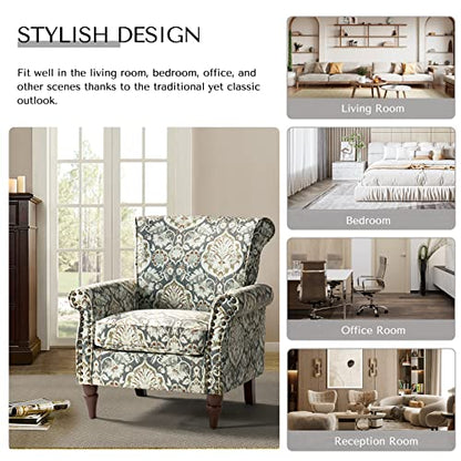 HULALA HOME Traditional Floral Accent Chair with Solid Wood Legs, Pine | Comfy Upholstered Armchair Reading Chair with Rolled Armrests, Nailhead Trim, Removable Cushion, for Living Room Bedroom - color: Pine