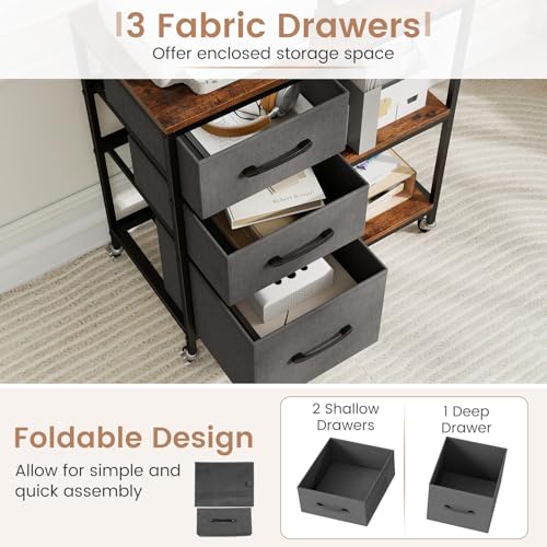 GOFLAME 3 Drawer Mobile File Cabinet with Charging Station, Rolling Printer Stand with Open Storage Shelves, Wooden Storage Cabinet on Wheels for Home Office (Rustic Brown and Gray) - color: Rustic Brown and Gray