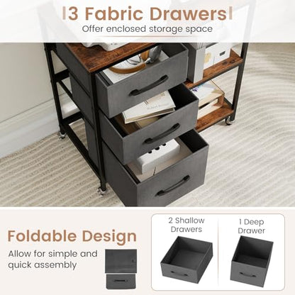GOFLAME 3 Drawer Mobile File Cabinet with Charging Station, Rolling Printer Stand with Open Storage Shelves, Wooden Storage Cabinet on Wheels for Home Office (Rustic Brown and Gray) - color: Rustic Brown and Gray