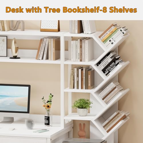 YOMILUVE 52" Computer Desk with Bookshelf, 5 Drawers ＆ Hutch for Bedroom | White Office Desk with Printer Shelf, Study Writing Desk with Storage Shelves - color: White