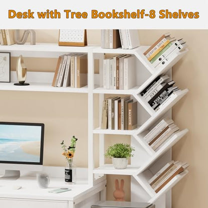YOMILUVE 52" Computer Desk with Bookshelf, 5 Drawers ＆ Hutch for Bedroom | White Office Desk with Printer Shelf, Study Writing Desk with Storage Shelves - color: White