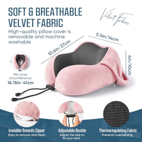 SkytraxComf® Travel Neck Pillow with Hood for Privacy on Long Flights | Memory Foam | Airplane Sleep | Safety-Tested Materials | Extra Large Hood | Chin Support | Earplugs | Washable Cover - color: Pink