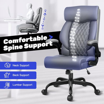 High Back Executive Office Chair - Ergonomic Computer Desk with Rocking Function, Leather Managerial with Adjustable Flip-Up Armrests and Lumbar Support - color: Grey, style: Without Footrest