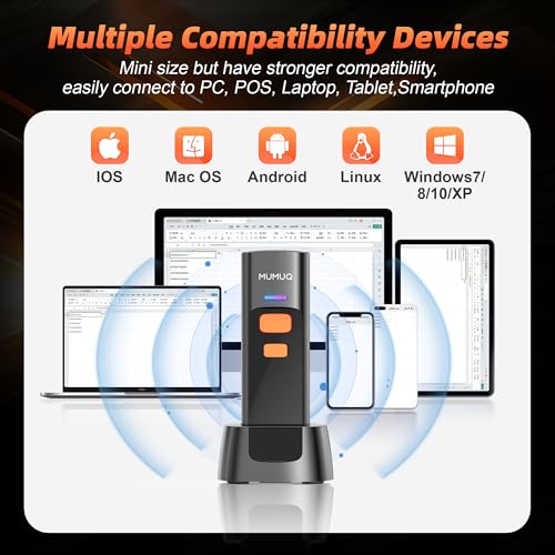 Wireless Mini Barcode Scanner, 1D/2D QR Bar Code Reader with Charging Dock | Bluetooth 2.4g USB, Compact Design, 1100mah, Reads Paper & Screen Codes, 3-in-1 Barcode Reader for IOS/Android/Windows