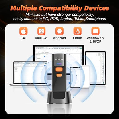 Wireless Mini Barcode Scanner, 1D/2D QR Bar Code Reader with Charging Dock | Bluetooth 2.4g USB, Compact Design, 1100mah, Reads Paper & Screen Codes, 3-in-1 Barcode Reader for IOS/Android/Windows