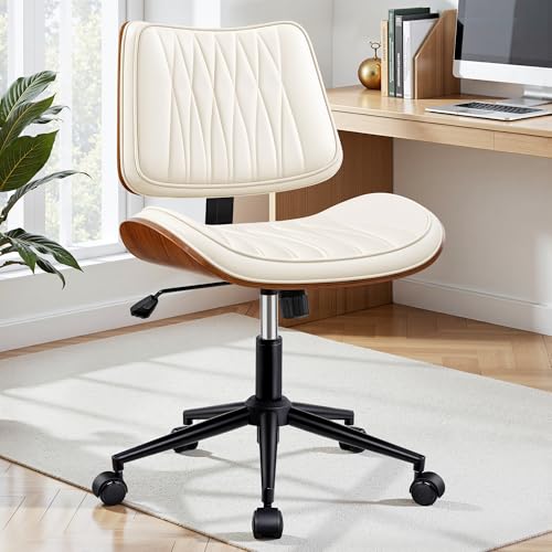 Ergonomic Armless Office Desk Chair - Mid-Century Modern White Faux Leather with Diamond Stitch, Adjustable Height Swivel Rolling Task Computer Chair with Walnut Accent for Home Office, Study & Work - color: Cream White, size: 8 Pack