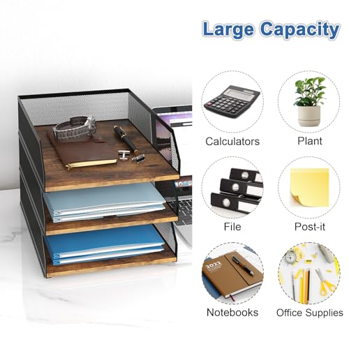 Natwind 3-Tier Stackable Metal Mesh Paper Organizer with Sliding Tray,Retro | Wooden Desk Organizer, Letter Tray For Desktop,File Holder For Home Office School Classroom Organization - size: 3 tier