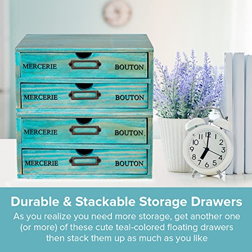 Turquoise 2-Tier Drawer Unit - European Country Style Desk Organizer Box - 9.7x7x5.1" Teal Wooden Stackable Drawers - Countertop Organizer Drawers w/Label Holder - Double File Drawer Unit - style: 2 Drawer I 5.1"