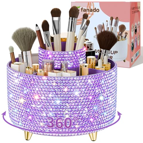 fanado Bling 360° Rotate Makeup Brush Holder Organizer, Makeup Organizers Countertop, Makeup organization and Skincare Storage for Vanity, Gift for Women Girls (Bling dz-Purple) - color: Bling dz-Purple