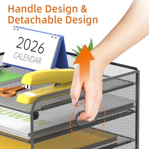 SUPEASY Mesh Desk Organizer with File Holder, 5-Tier Paper Letter Tray Organizer with Magazine Holder, Desktop Organizer and Storage with Drawer for Office Supplies Home or School (Black) | Two side magazine holders and a bottom drawer store papers, folde