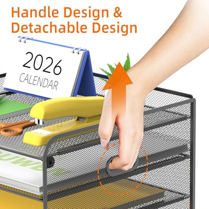 SUPEASY Mesh Desk Organizer with File Holder, 5-Tier Paper Letter Tray Organizer with Magazine Holder, Desktop Organizer and Storage with Drawer for Office Supplies Home or School (Black) | Two side magazine holders and a bottom drawer store papers, folde
