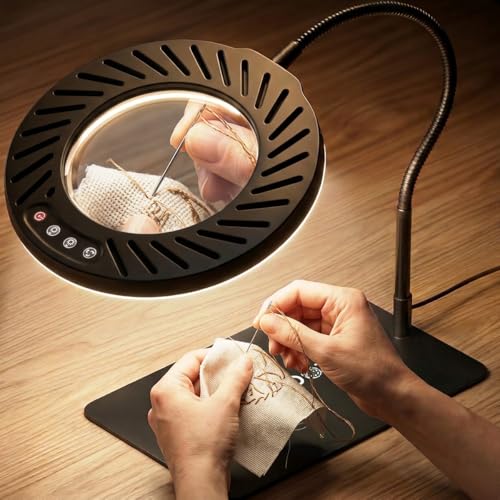 ARTDOT 10X Magnifying Glass with Light and Stand, 144 LEDs Desk Lamp with 5 Color Temperatures and 9 Levels Adjustable Brightness for Diamond Painting Accessories Crafts Reading Hobbies Close Work - color: Black