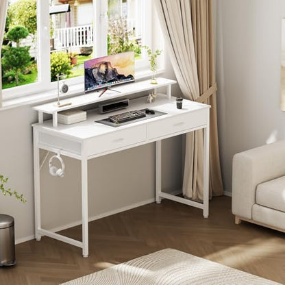 DUMOS 39.4" x 19.7" Compact Computer Desk with Monitor Stand and 2 Drawers, Small Writing Desk with Drawers for Home Office, Study Table for Small Spaces, White