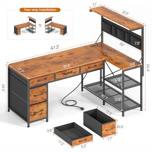 SEDETA 47.2" Reversible L Shaped Office Desk with Drawers, Hutch, Shelves | L Shaped Computer Desk with 5 Fabric Drawers, Storage, Power Outlet and LED Lights for Home Office, Rustic Brown - color: Rustic Brown