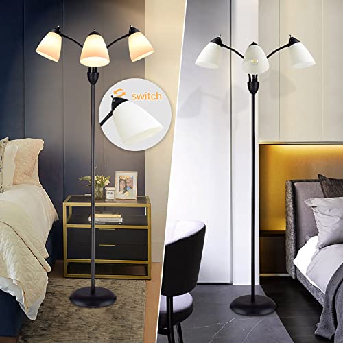 DINGLILIGHTING DLLT Modern Reading Floor Lamp, 3-Light with Adjustable Flexible Gooseneck Tree Standing Lamp for Living Room, Bedroom, Study Room, Office -Black Metal White Shades, E26 Base
