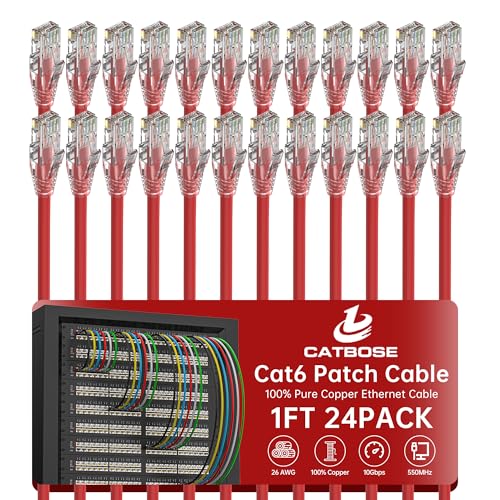 1 Foot Cat6 Patch Cables(24 Pack), Solid Pure Copper Patch Cord, Cat 6 Ethernet Cable, UTP Network, High Speed RJ45 Internet Cables, Compatible for Router, Switche, PC, Server, PS4/5, Xbox - Red - color: Red, size: 1FT, style: 24 Pack