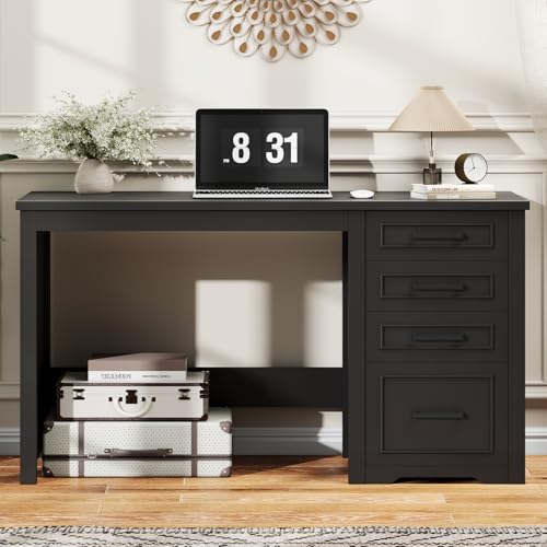 Vabches Farmhouse 49” Executive Desk with File Drawer, Black | 4 Drawers Reversible Computer Desk with Storage, Rustic Home Writing Workstation for Home Office - color: 49in Black