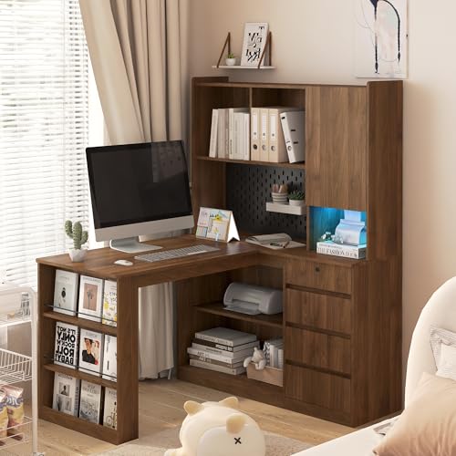 KEIKI L Shaped Home Office Desks with LED Light, Pegboard, Hutch, Drawers, Bookshelf & Storage Shelves, Modern Wooden Home Office Desks Gaming Computer Corner Table for Work, Study, Writing - color: Walnut, size: Medium and Right Shelf