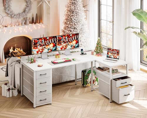 Coleshome 55 Inch L Shaped Office Desk with 6 Drawers, Power Outlet, White - color: White, size: 55 Inch