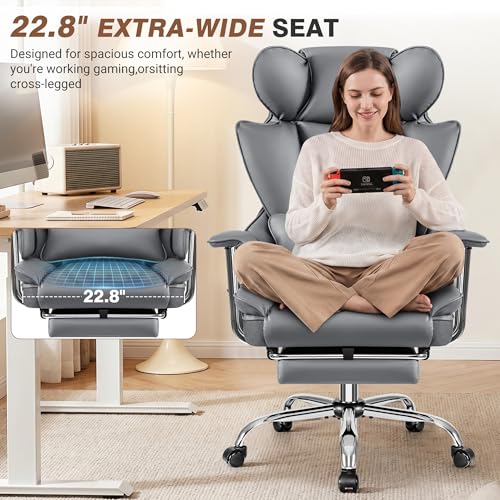ALLGOD Big and Tall Office Chair 400LBS, Executive Ergonomic Leather Chair with Footrest, Wide Seat Gaming Office Chair with Pocket Spring Cushion, Reclining High Back Computer Desk Chair, Grey - color: Grey, size: 1 Pack