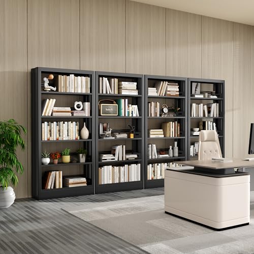 5-Tier Bookcase with Adjustable Storage Shelves, Heavy Duty Bookcase, Metal Bookshelf with Book Stopper, Black Bookcase Shelf for Library, Office, Living Room - color: Black