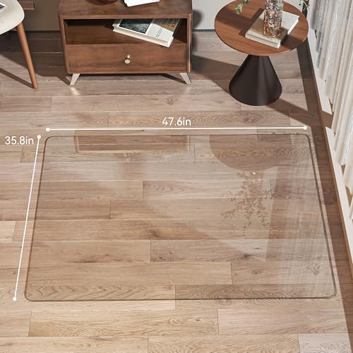 Tempered Glass 48" x 36" Round Corner Glass Chair Mat with Polished Edge, Heavy Duty Hard Office Chair Mat for Office Home Hard Floor Carpeted, Transparent, Glides Smoothly, Easy Clean - size: 48" x 36"
