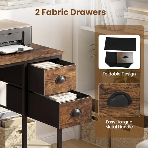 GIANTEX Computer Desk with Charging Station, 38" Home Office Desk w/ 2 Fabric Drawers, Storage Shelf & Headphone Hook, Industrial Study Work PC Table, Writing Desk for Small Spaces (Rustic Brown) - color: Rustic Brown