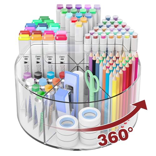 250pcs Acrylic Pencil Holder Marker Organizer, 360-Degree Rotating Pen Holder, Crayon Organizers for Kids Pencil Organizer Caddy Art Supply Lazy Susan Organizer for Desk Home School Office - color: Clear - Large - Single - With Handle
