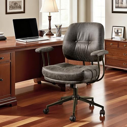 Leather Home Office Chair, Mid Back Ergonomic Desk Chair with Lumbar Support, Mid Century Modern Deep Seat Swivel Rocking Computer Chair, Dark Gray - color: Dark Gray,suede Fabric, size: Big Mid Back