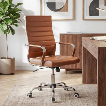 Okeysen Brown Conference Room Chairs, Modern Ergonomic PU Leather Office Desk Chair Ribbed for Office, High Back Executive Swivel Rolling Task Chair for Home - color: Brown