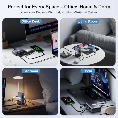 600W Fast Charging 8 Port USB C Charger Block with Nylon Fast Charging Cable, Multi-Device Charging Station Wall Desktop Charger with GaN Ⅲ Technology, USB-C Charger Adapter for MacBook/iPad/iPhone 17 - size: 600W+240W Fast Charging Cable Braided Nylon