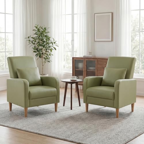 COLAMY Accent Chairs Set of 2, Faux Leather Living Room Chairs with Back Pillow & Solid Wood Legs, Mid-Century Modern Chairs, Comfy Upholstered Armchair for Living Room, Bedroom, Light Green - color: Light Green, size: Set of 2