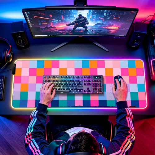 RGB Vibrant Multicolor Checkered Gaming Desk Mat & Mouse Pad, XL - color: Rgb-w20