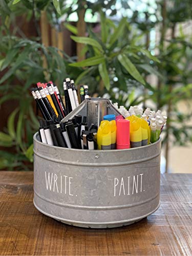 Rae Dunn Rotating Decorative Organizer – Galvanized Steel Desktop Stationary Spinner Holder - 6 Compartment Round Pen and Pencil Cup - Office, Home and Art Supplies - Rae Dunn by Designstyles