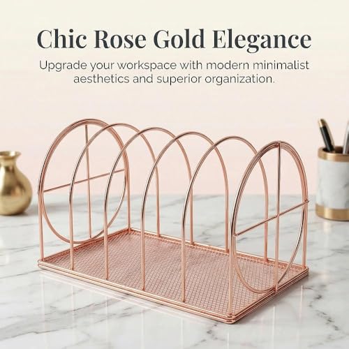 File Sorter Organizer, 5 Section Magazine Holder Rack, Desktop Round Wire Book Stand for Mail, Paper, Document, Folder, Record and Desk Accessories, Rose Gold - color: Round Shape-rg