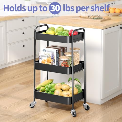 TOOLF 3 Tier Metal Rolling Cart, Utility Storage Cart with Wheels, Black | Screwless Assembly, Lockable Metal Wheels, Trolley Organizer for Bathroom, Kitchen, Office, Dorm, Laundry, Craft Room - color: Black, size: 3-Tier