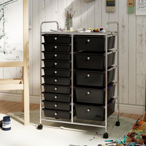 RELAX4LIFE 15-Drawer Rolling Storage Cart - Utility Cart with Metal Frame, Lockable Wheels & Removable Drawers, Multipurpose Art Craft Organizer for Home Office, Classroom (Black) - color: Black, style: 15 Drawers-38"