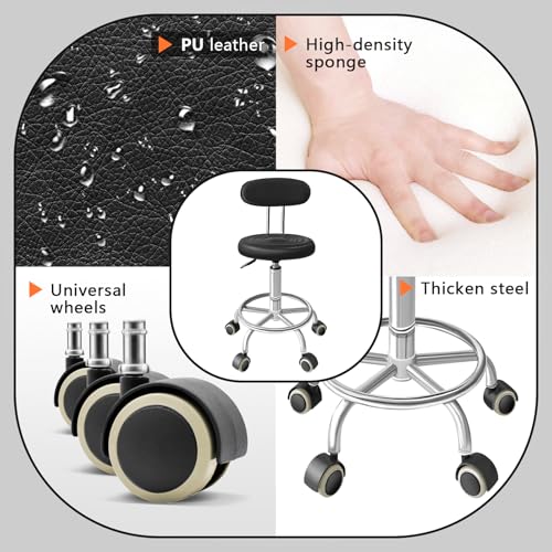 Rolling Stool with Backrest, Adjustable 360° Swivel Task Stool - color: Black