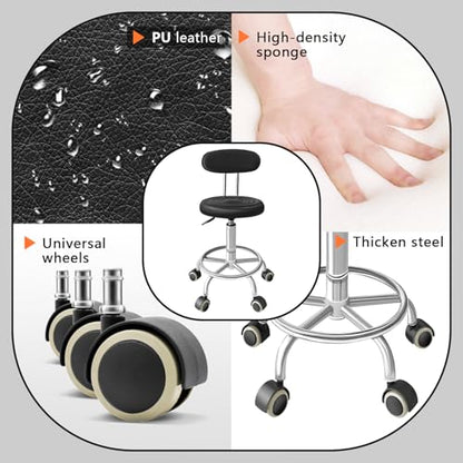 Rolling Stool with Backrest, Adjustable 360° Swivel Task Stool - color: Black