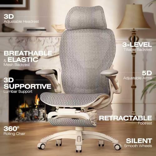 ELABEST X100 Ergonomic Mesh Office Chair with Footrest, Big and Tall Home Desk Chair with 5D Flip-Up Arms, Adjustable 3D Lumbar Support, Gaming & Executive Computer Chair (First Light) - color: First Light