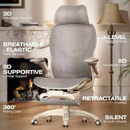 ELABEST X100 Ergonomic Mesh Office Chair with Footrest, Big and Tall Home Desk Chair with 5D Flip-Up Arms, Adjustable 3D Lumbar Support, Gaming & Executive Computer Chair (First Light) - color: First Light
